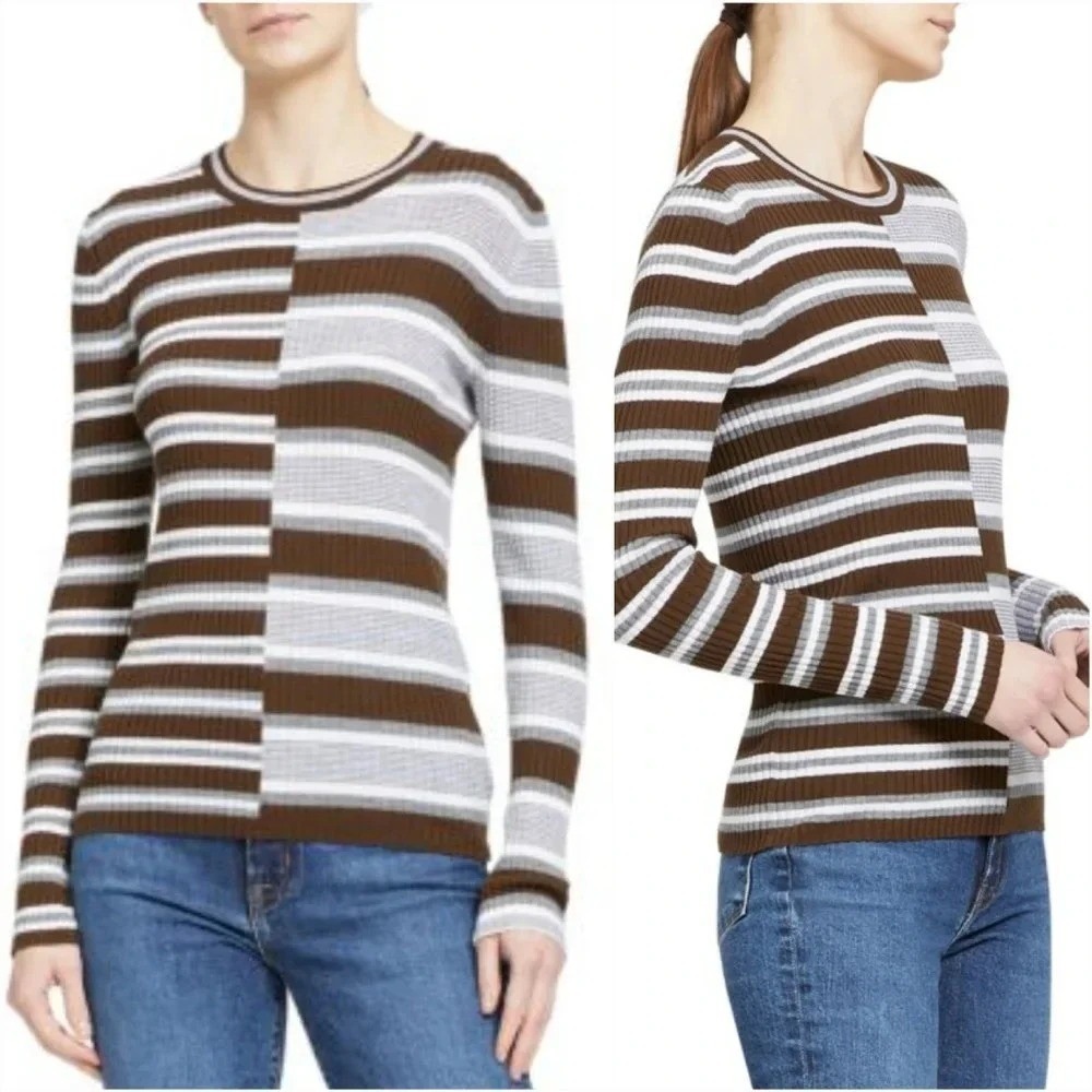 Theory New Wool Brown Multi-stripe Ribbed Lightweight Sweater SZ Medium Mod
